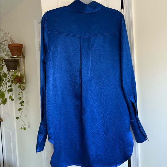 COS Oversized Satin Crinkled Texture Long Sleeve Blouse in Royal Cobalt Blue - Picture 5 of 8